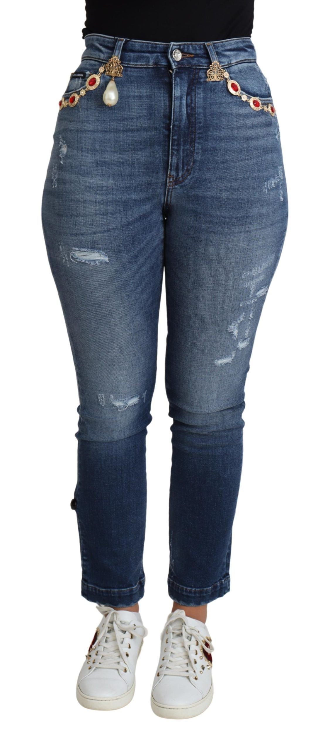 Blue embellished skinny cotton jeans by Dolce & Gabbana with decorative details and a fitted style.
