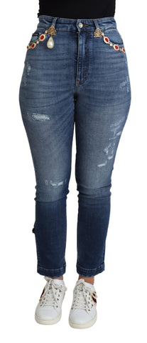 Blue embellished skinny cotton jeans by Dolce & Gabbana with decorative details and a fitted style.