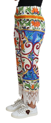 Multicolor majolica print cotton trousers by Dolce & Gabbana, featuring vibrant patterns and tailored fit.