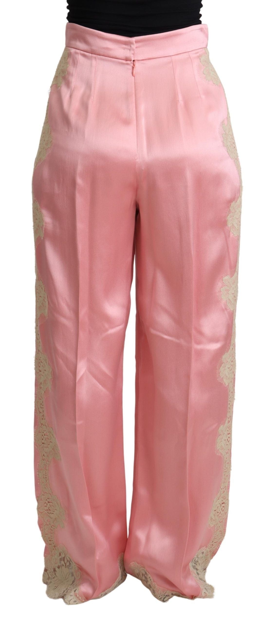 Pink silk satin wide-leg pants with lace trim from Dolce & Gabbana, featuring a smooth, flowing fabric and elegant design.
