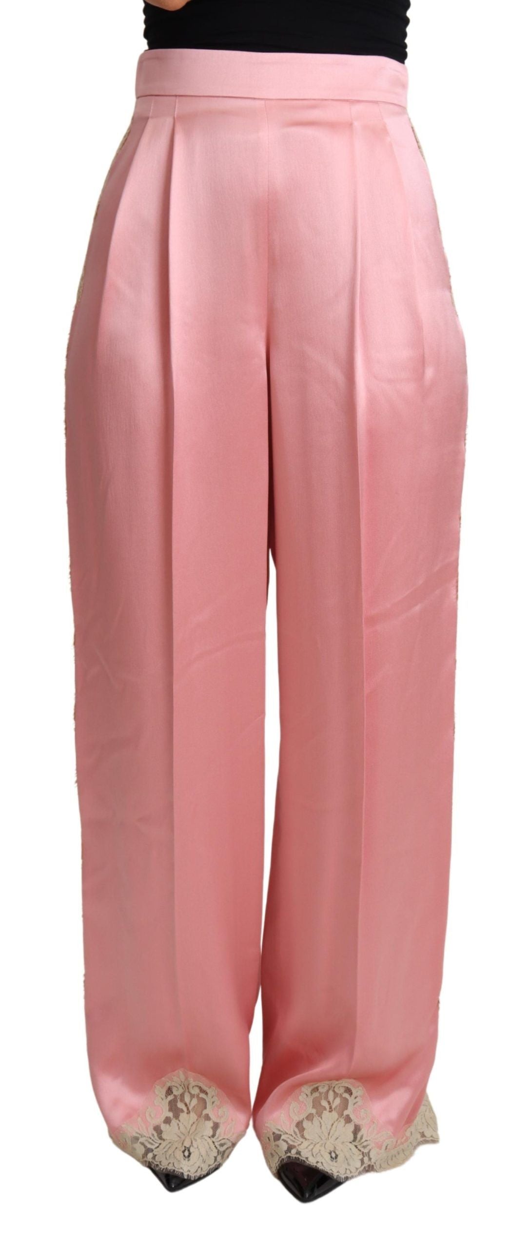 Pink silk satin wide-leg pants with lace trim by Dolce & Gabbana, featuring a smooth, flowing fabric and elegant wide-leg design.