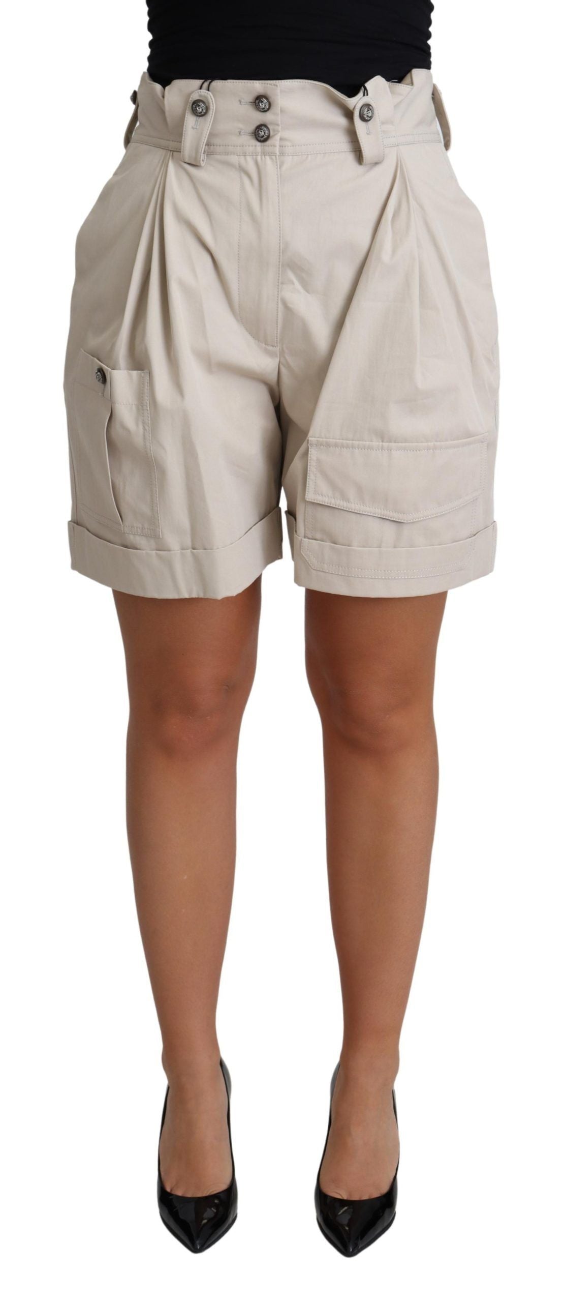 Beige cotton pleated high-waist casual shorts by Dolce & Gabbana, showing front view with pleats and wide waistband.