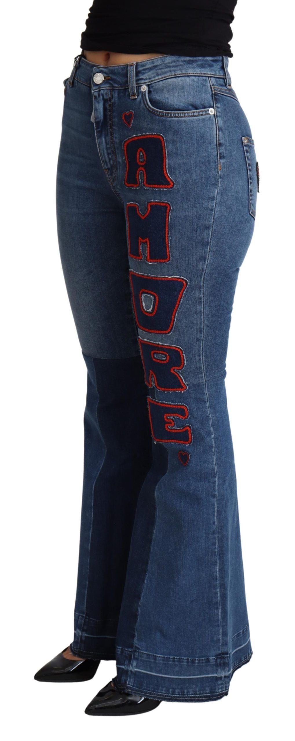 Blue Amore Patch Boot Cut Cotton Stretch Pant by Dolce & Gabbana, showing the stylish patch details and flattering boot cut fit.