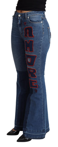 Blue Amore Patch Boot Cut Cotton Stretch Pant by Dolce & Gabbana, showing the stylish patch details and flattering boot cut fit.