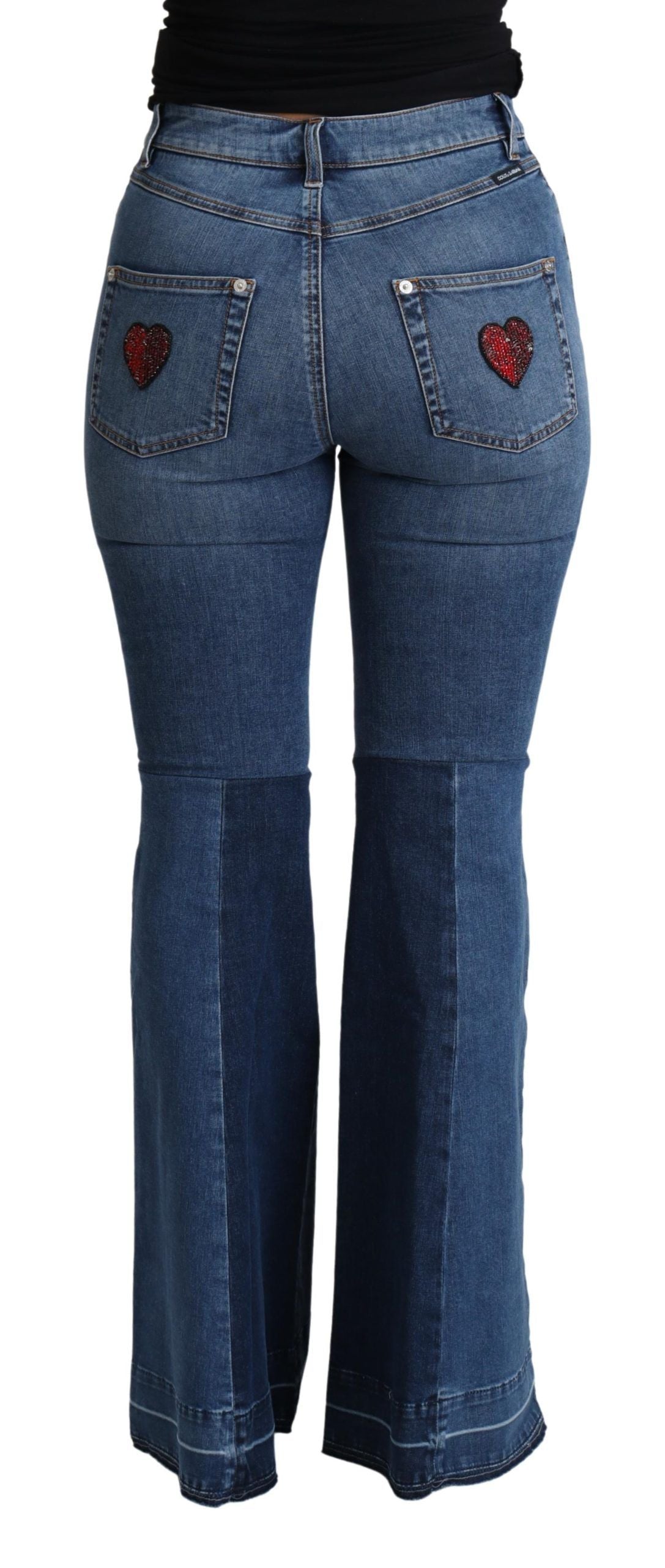 Blue Amore Patch Boot Cut Cotton Stretch Pant by Dolce & Gabbana, showing the patchwork design and relaxed fit.