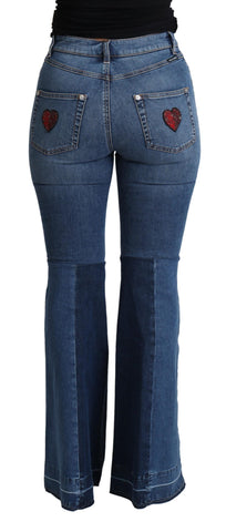 Blue Amore Patch Boot Cut Cotton Stretch Pant by Dolce & Gabbana, showing the patchwork design and relaxed fit.