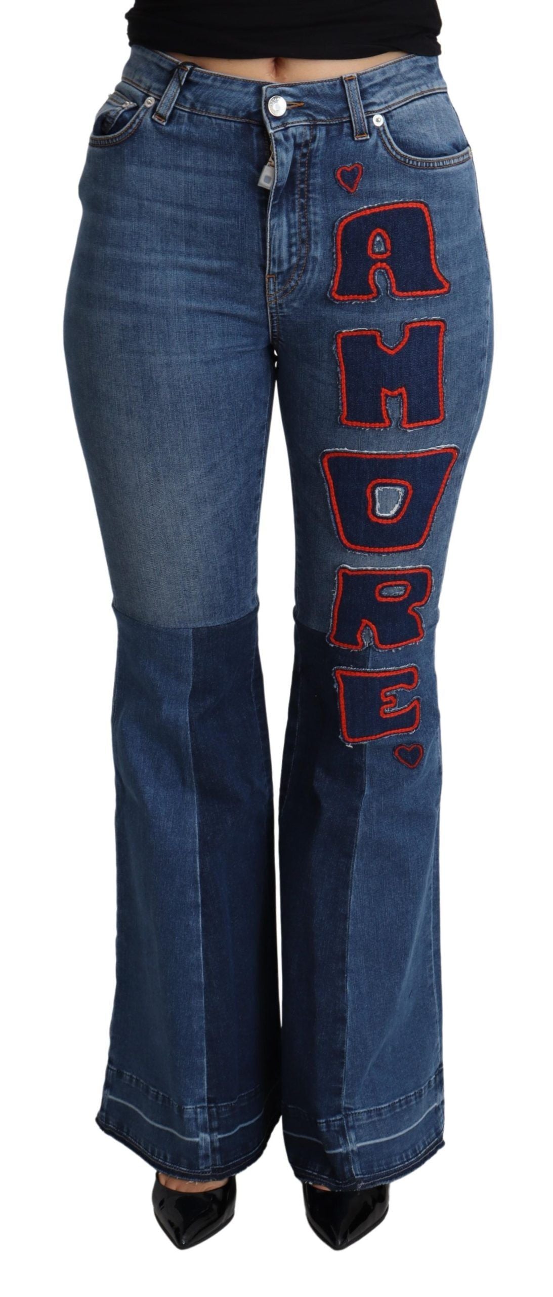 Blue Amore Patch Boot Cut Cotton Stretch Pants by Dolce & Gabbana, showing the stylish patch details and classic fit.