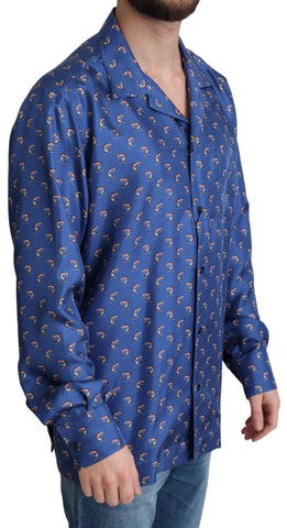 Blue silk shirt with beach umbrella print by Dolce & Gabbana, featuring a relaxed fit and vibrant summer-inspired design.