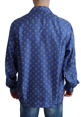 Blue silk shirt with beach umbrella print by Dolce & Gabbana, featuring a relaxed fit and vibrant design.
