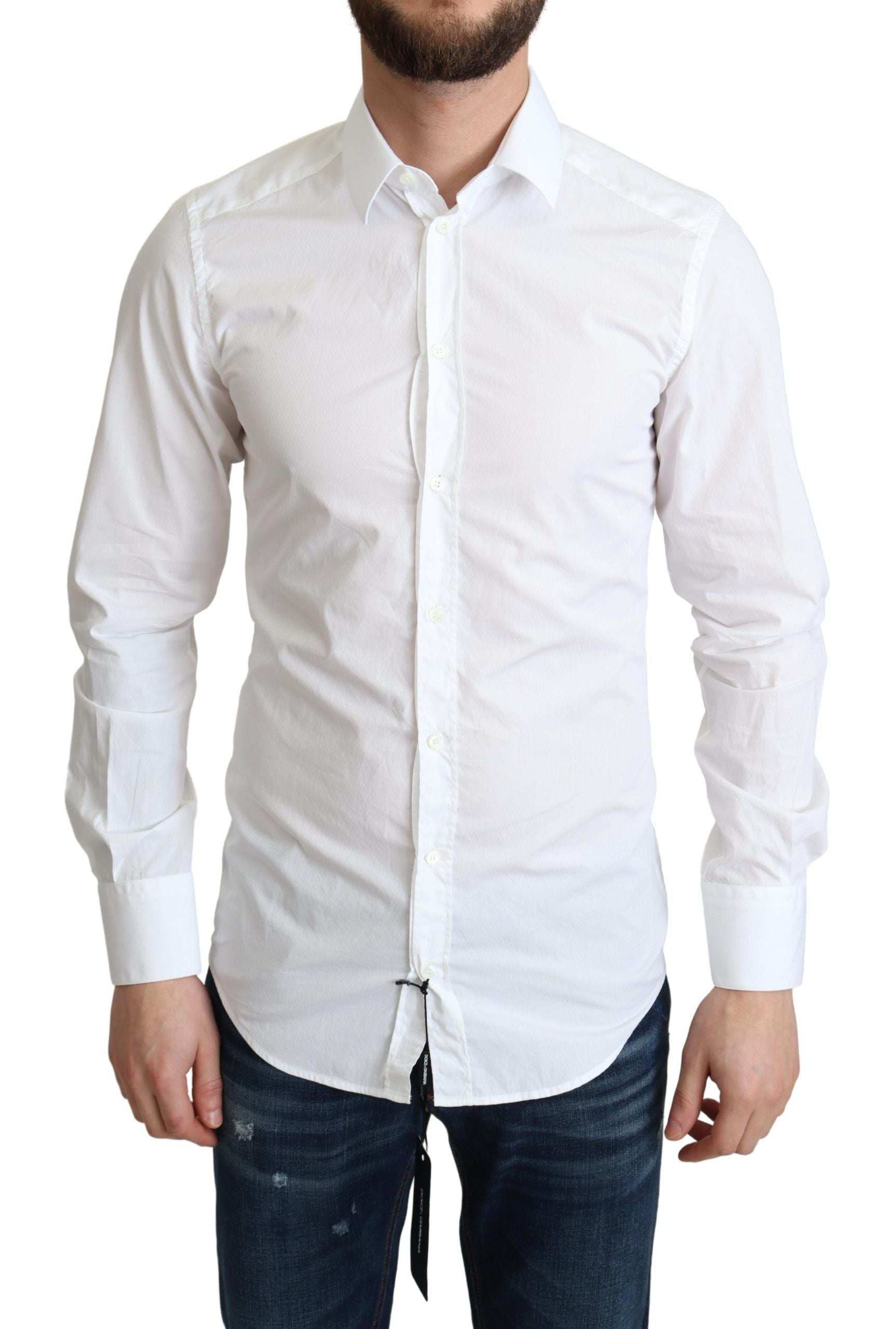 White cotton long-sleeve men's formal shirt by Dolce & Gabbana and Ermanno Scervino, featuring a classic collar and button front.