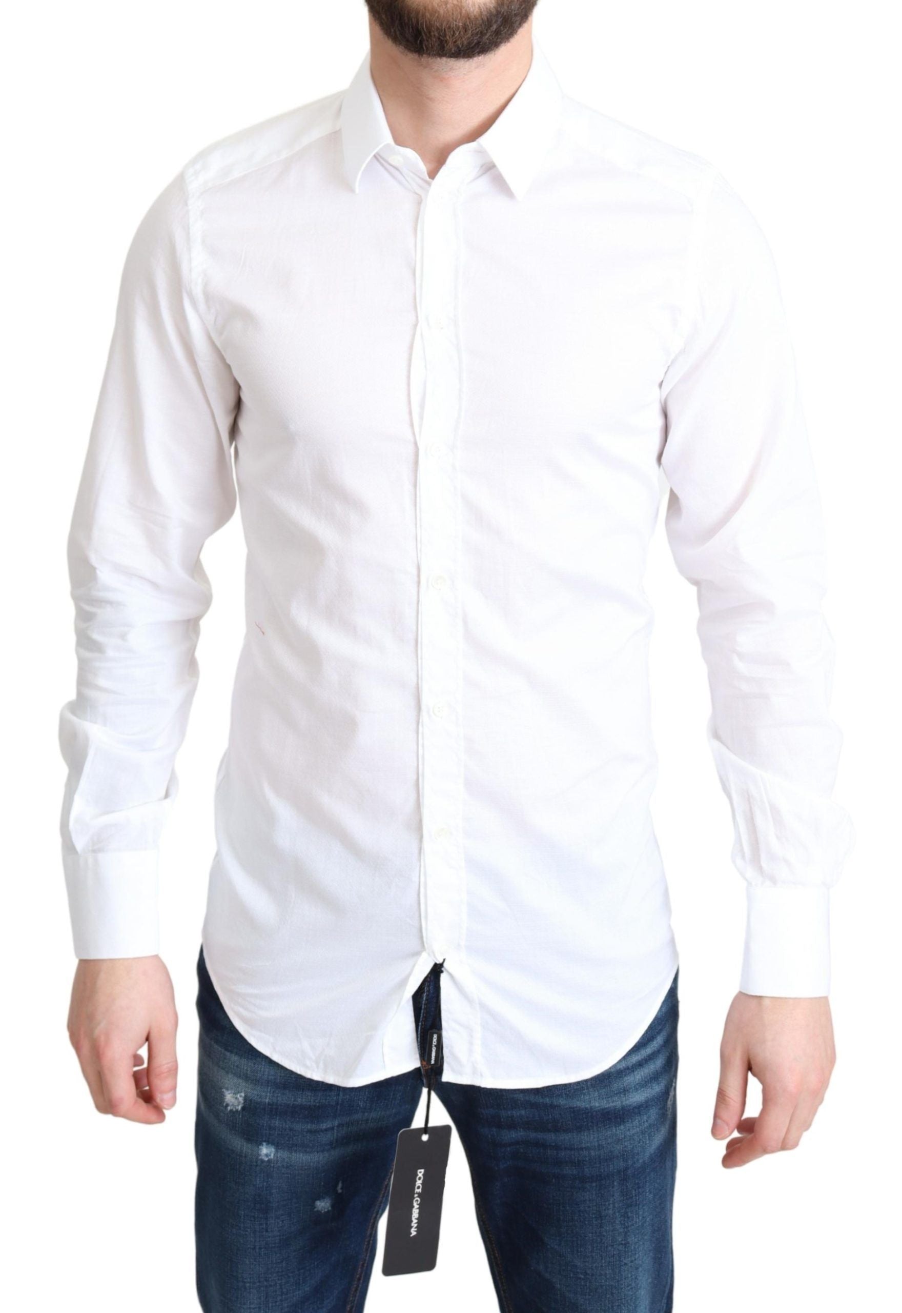 White cotton long sleeve formal shirt by Dolce & Gabbana, featuring a classic collar and button-front design.