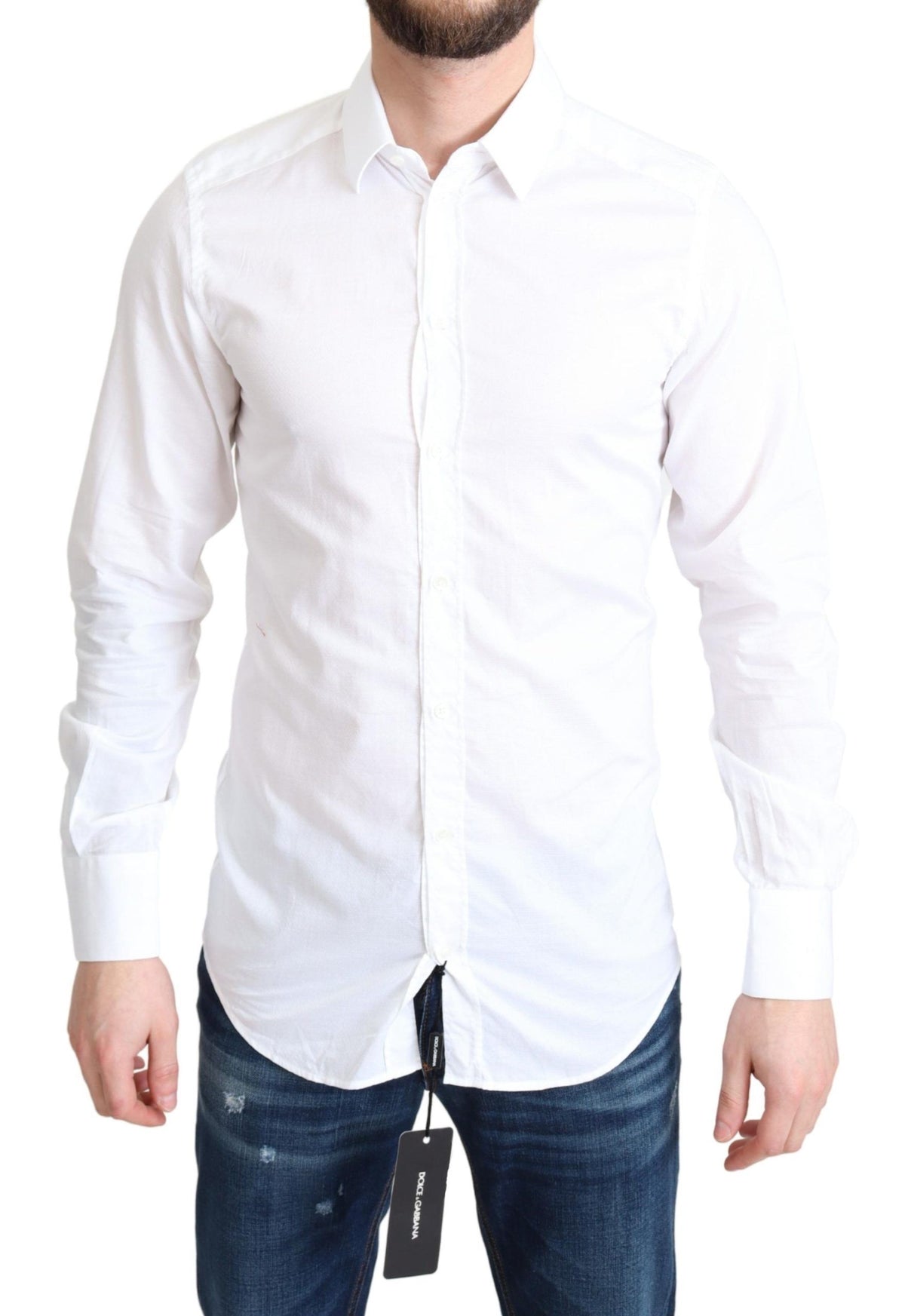 White cotton long sleeve formal shirt by Dolce & Gabbana, featuring a classic collar and button-front design.