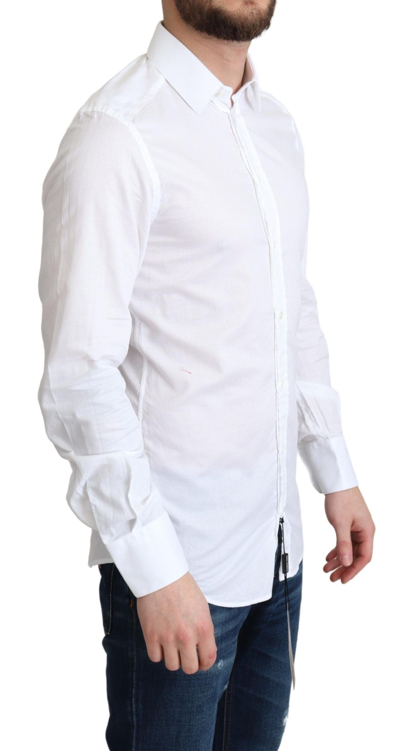 White cotton long sleeve formal shirt by Dolce & Gabbana, featuring classic collar and button-up front.