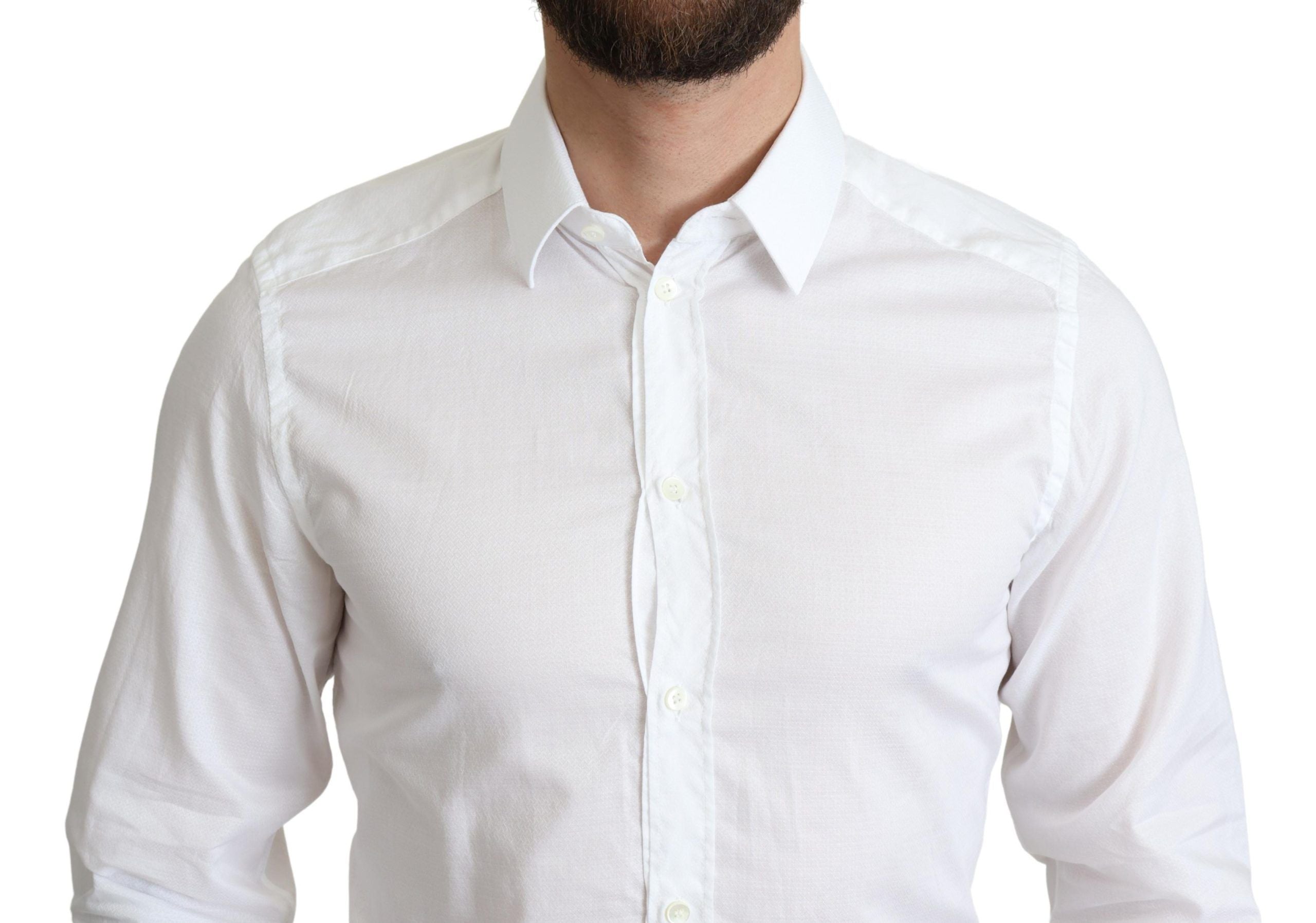 White cotton formal shirt with long sleeves by Dolce & Gabbana, tailored fit, classic collar, and button front.