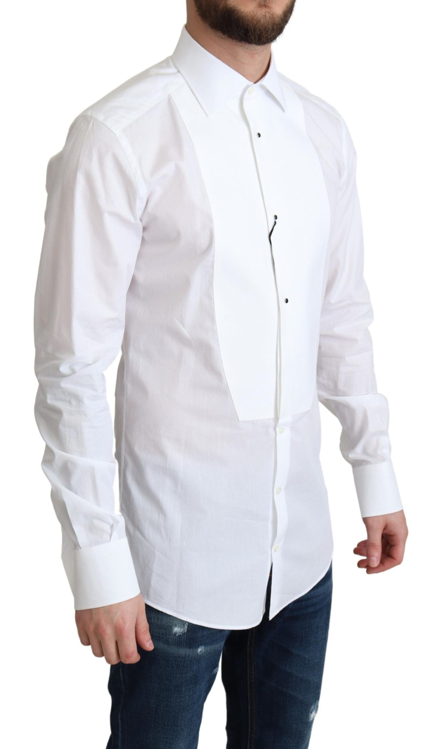 White cotton poplin men's formal shirt with a classic collar and button-down front by Dolce & Gabbana.