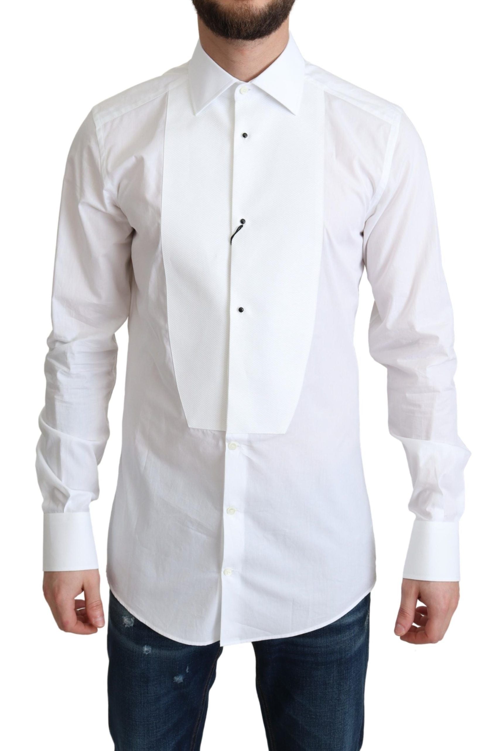 White cotton poplin formal shirt for men by Dolce & Gabbana, featuring a classic collar and button-down front.