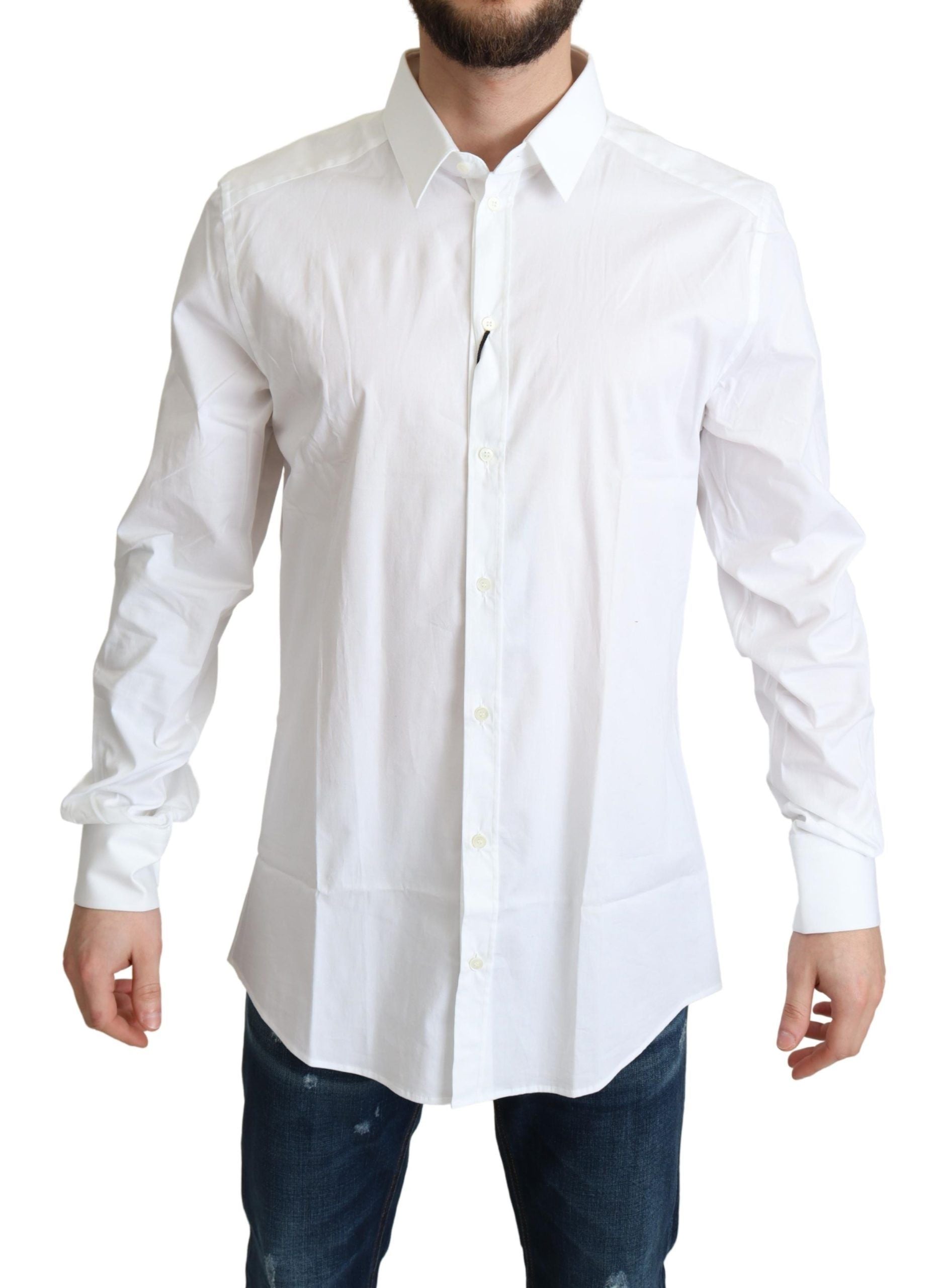 White cotton stretch men's dress shirt by Dolce & Gabbana, formal long-sleeve shirt with classic collar and button front.