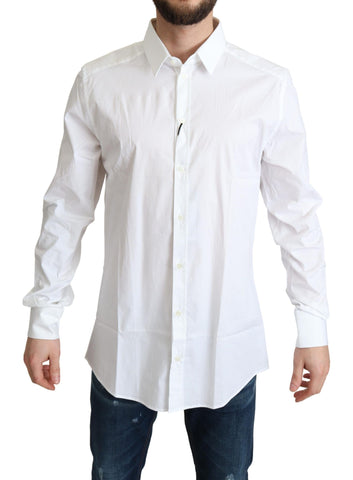 White cotton stretch men's dress shirt by Dolce & Gabbana, formal long-sleeve shirt with classic collar and button front.