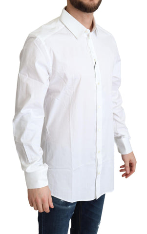White cotton stretch men's dress shirt by Dolce & Gabbana, tailored fit with classic collar and long sleeves.
