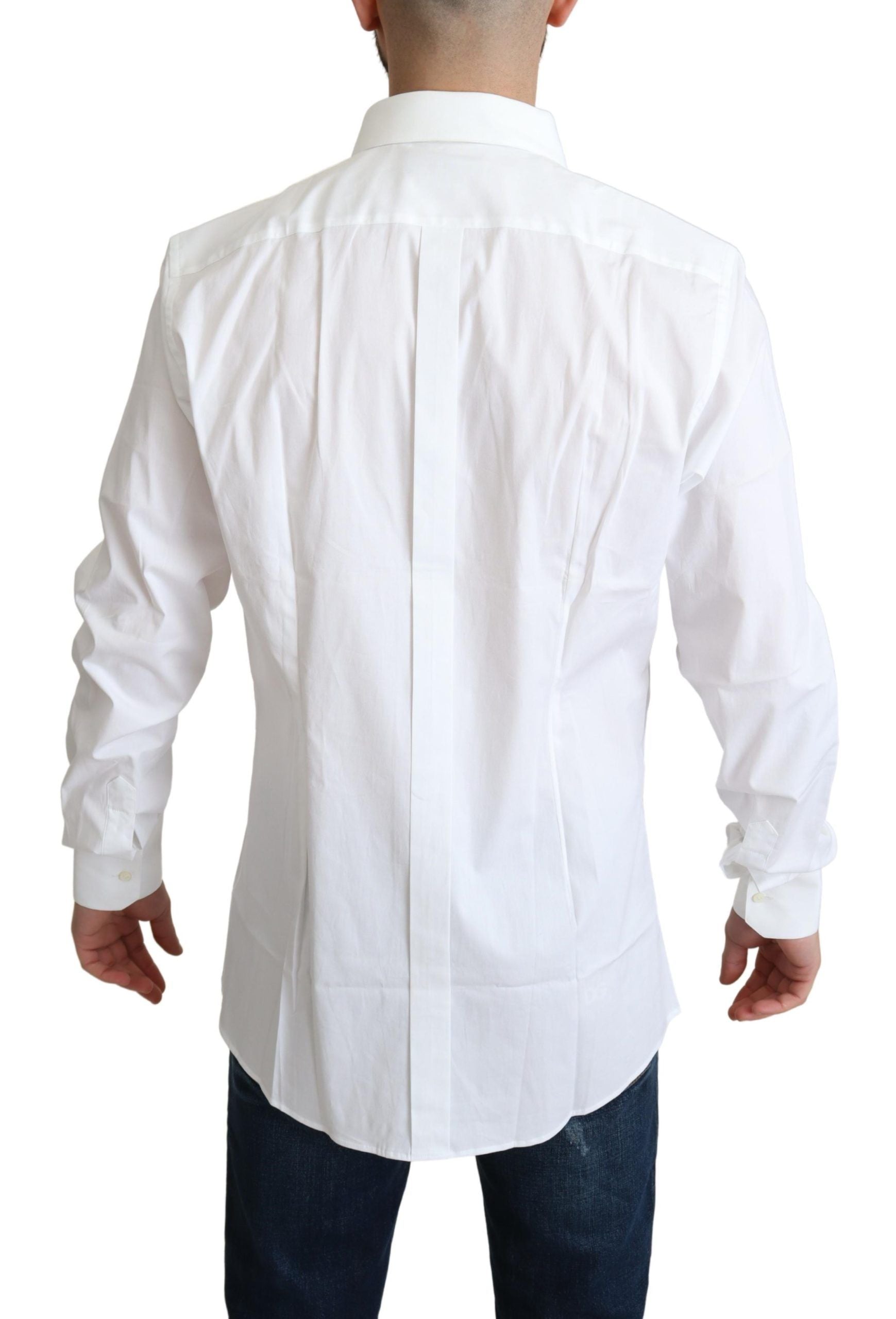 White cotton stretch men's dress shirt by Dolce & Gabbana, tailored fit with classic collar and button front.