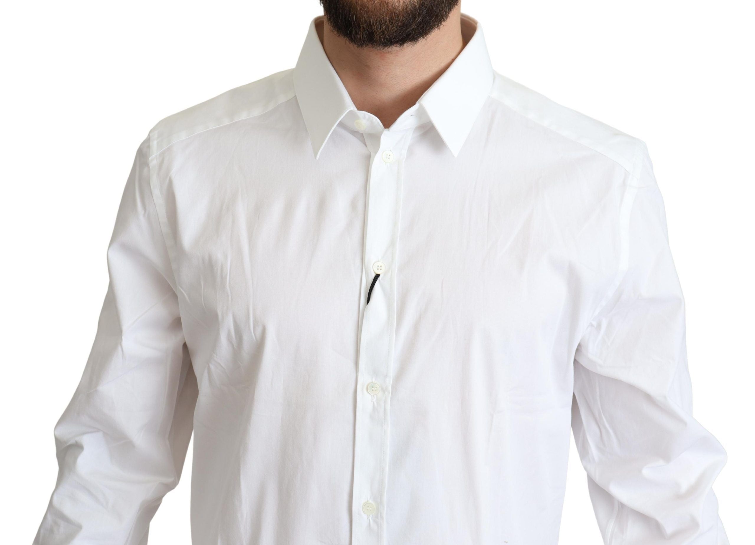 White cotton stretch men's dress shirt by Dolce & Gabbana, formal shirt with a classic collar and long sleeves.