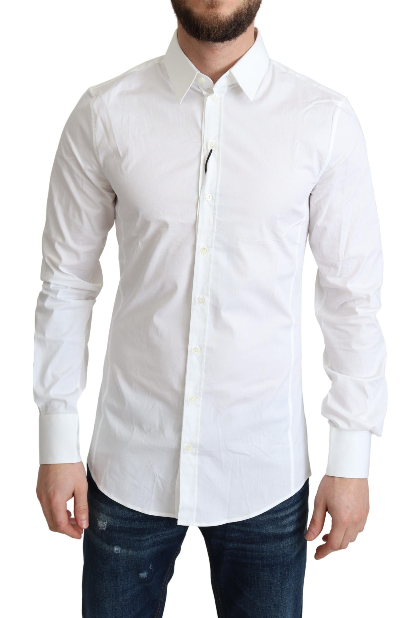 White cotton stretch men's formal Sicilia shirt by Dolce & Gabbana, featuring a classic collar and button-front design.