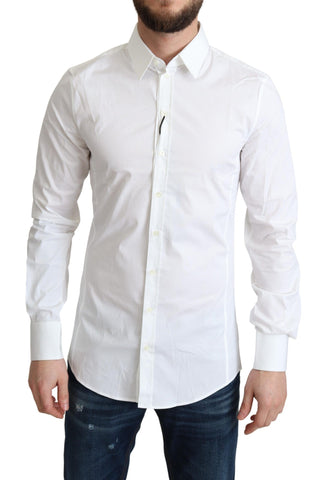 White cotton stretch men's formal Sicilia shirt by Dolce & Gabbana, featuring a classic collar and button-front design.