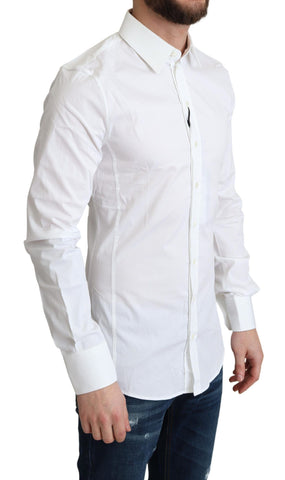 White cotton stretch men's formal SICILIA shirt by Dolce & Gabbana, showing the tailored fit and classic collar.
