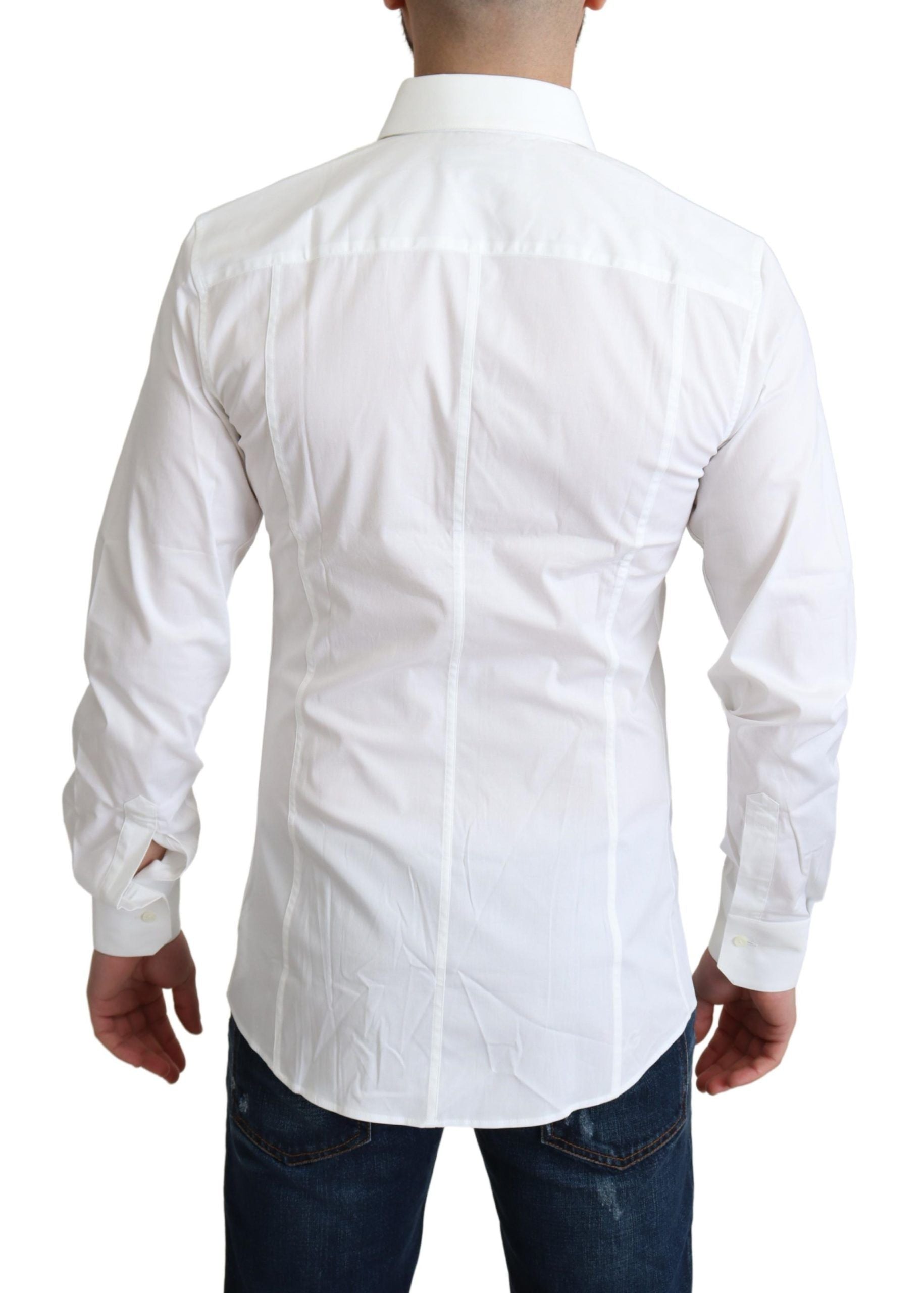 White cotton stretch men's Sicilia formal shirt by Dolce & Gabbana, featuring a classic collar and button-front design.