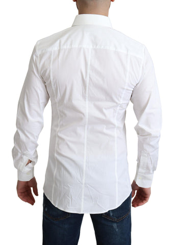 White cotton stretch men's Sicilia formal shirt by Dolce & Gabbana, featuring a classic collar and button-front design.