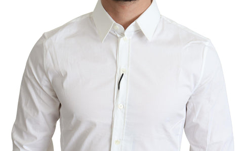 White cotton stretch men's formal Sicilia shirt by Dolce & Gabbana, featuring a classic collar and elegant design.