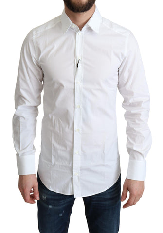 White pure cotton men's dress formal shirt by Dolce & Gabbana, featuring a classic collar and button-up front.