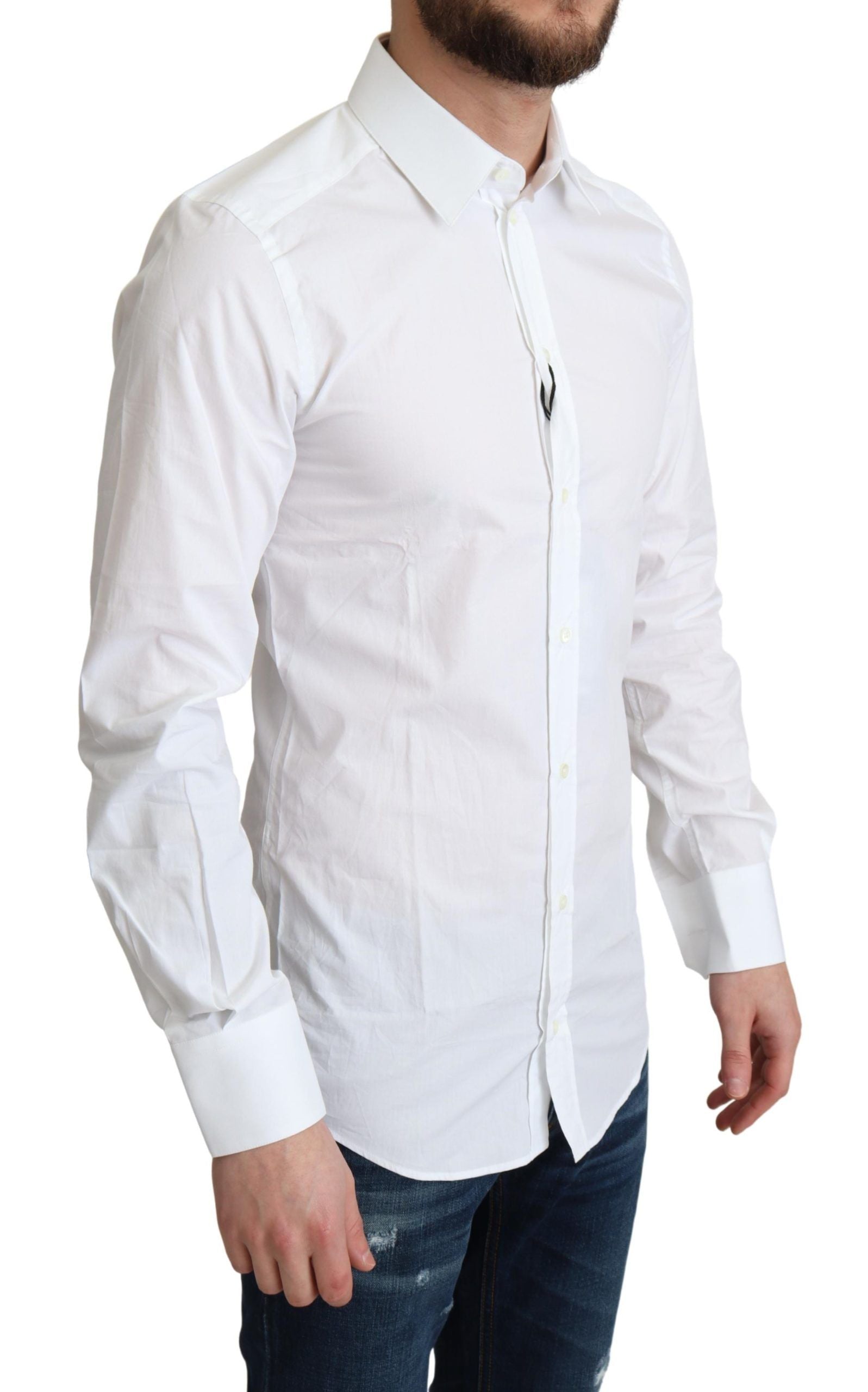 White pure cotton men's dress shirt by Dolce & Gabbana, featuring a classic formal design with a pointed collar and button front.
