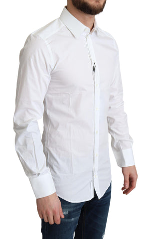 White pure cotton men's dress shirt by Dolce & Gabbana, featuring a classic formal design with a pointed collar and button front.