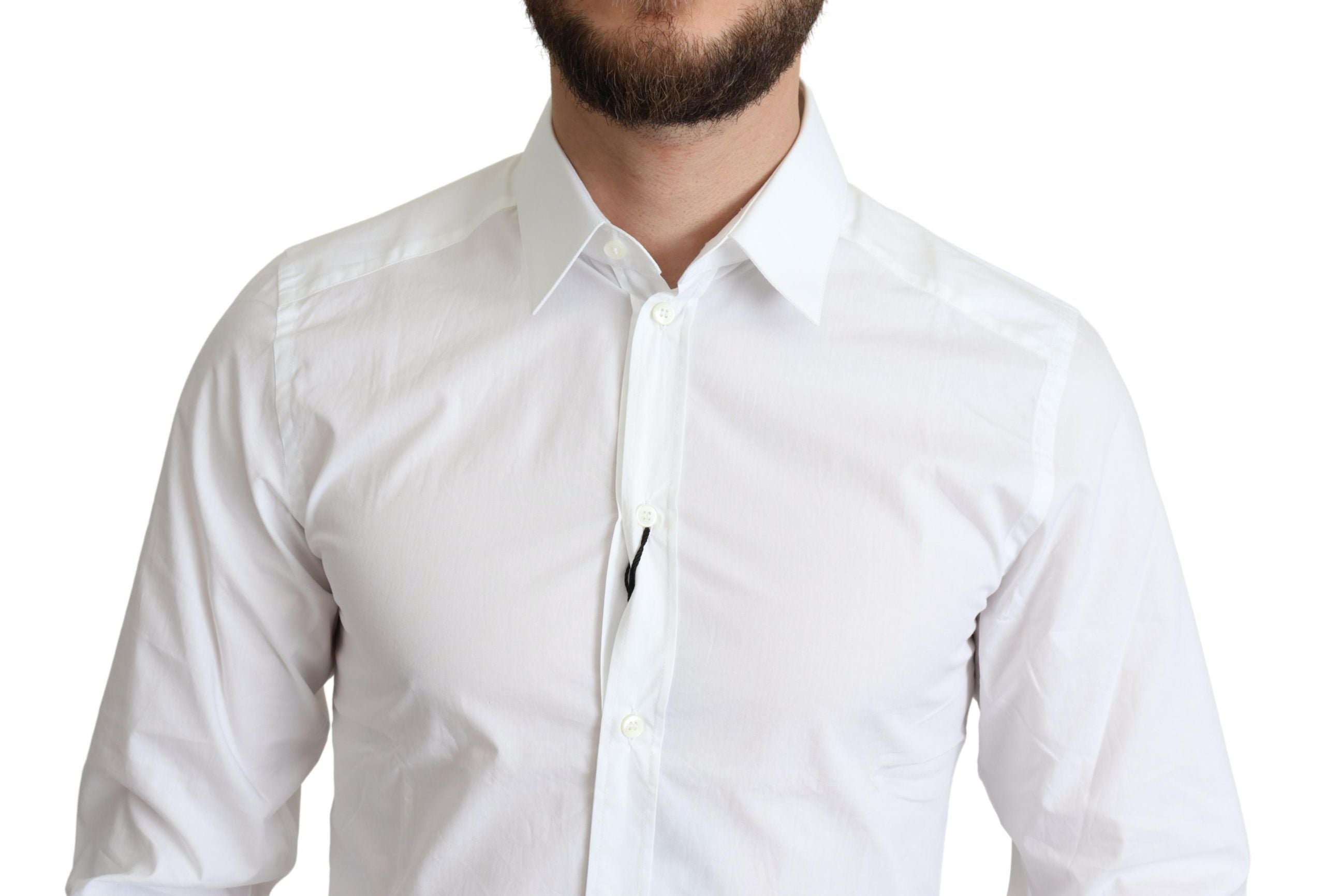 White pure cotton men's dress formal shirt by Dolce & Gabbana, featuring a classic collar and button-down front.