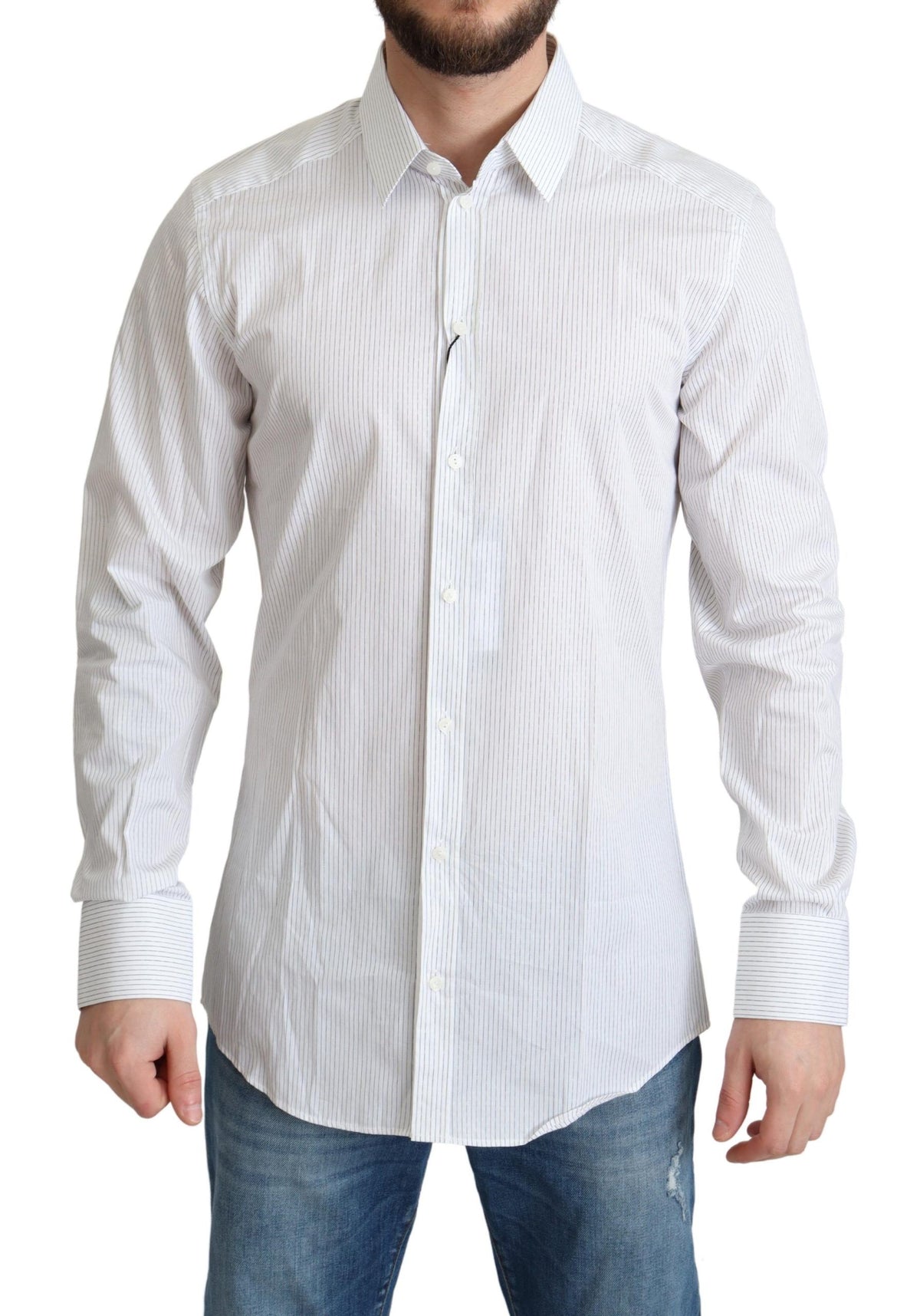 White cotton formal dress shirt with bold stripe pattern from Dolce & Gabbana, shown on a hanger.