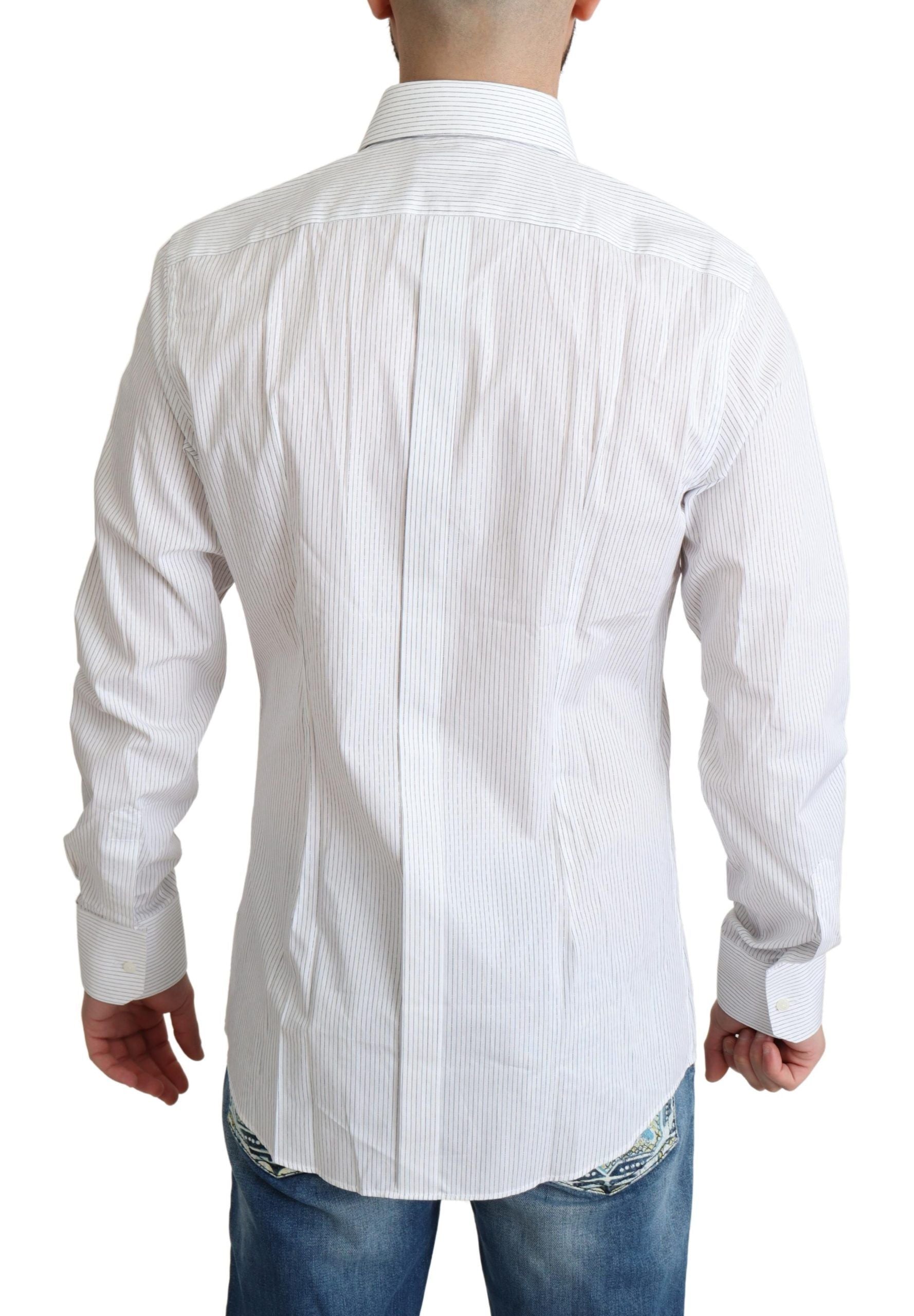 White cotton formal dress shirt with black stripes from Dolce & Gabbana, featuring a classic collar and button-front design.