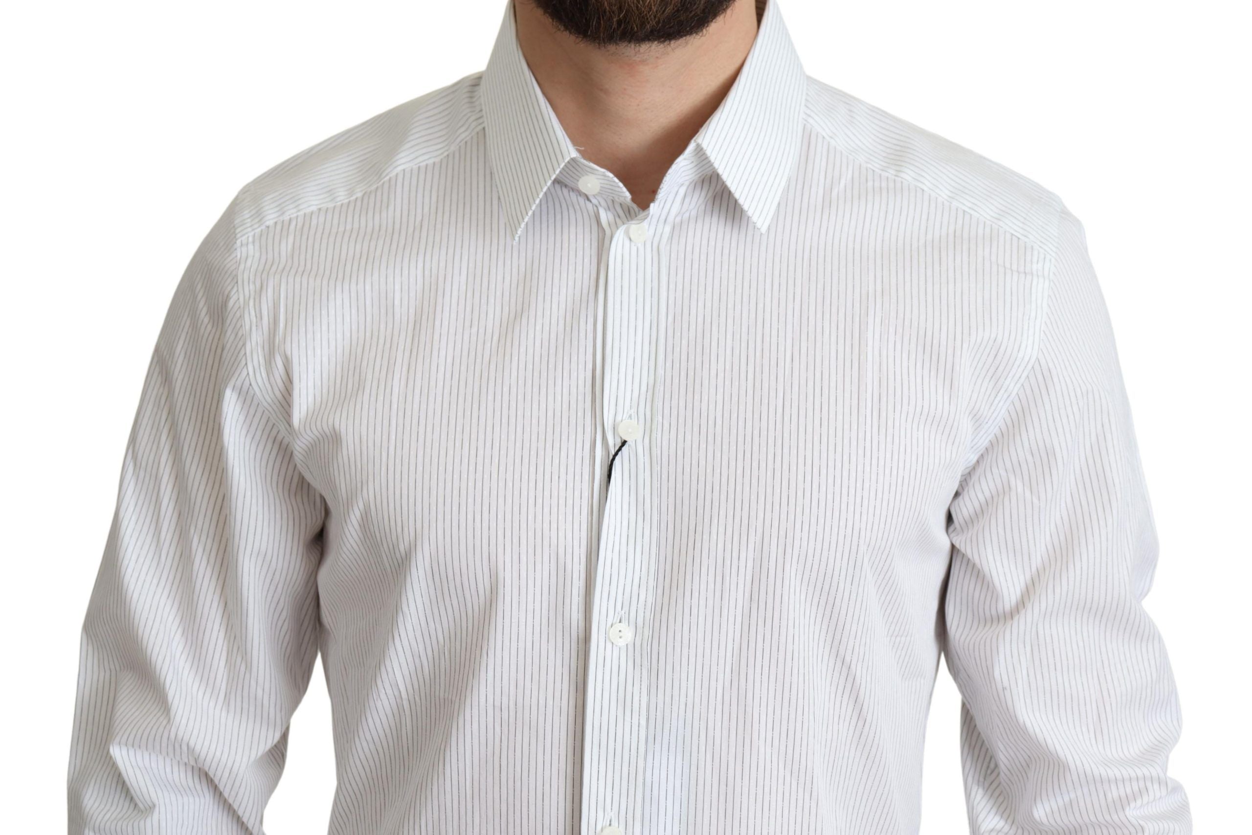 White cotton formal dress shirt with bold stripes from Dolce & Gabbana, featuring a classic collar and button-down front.