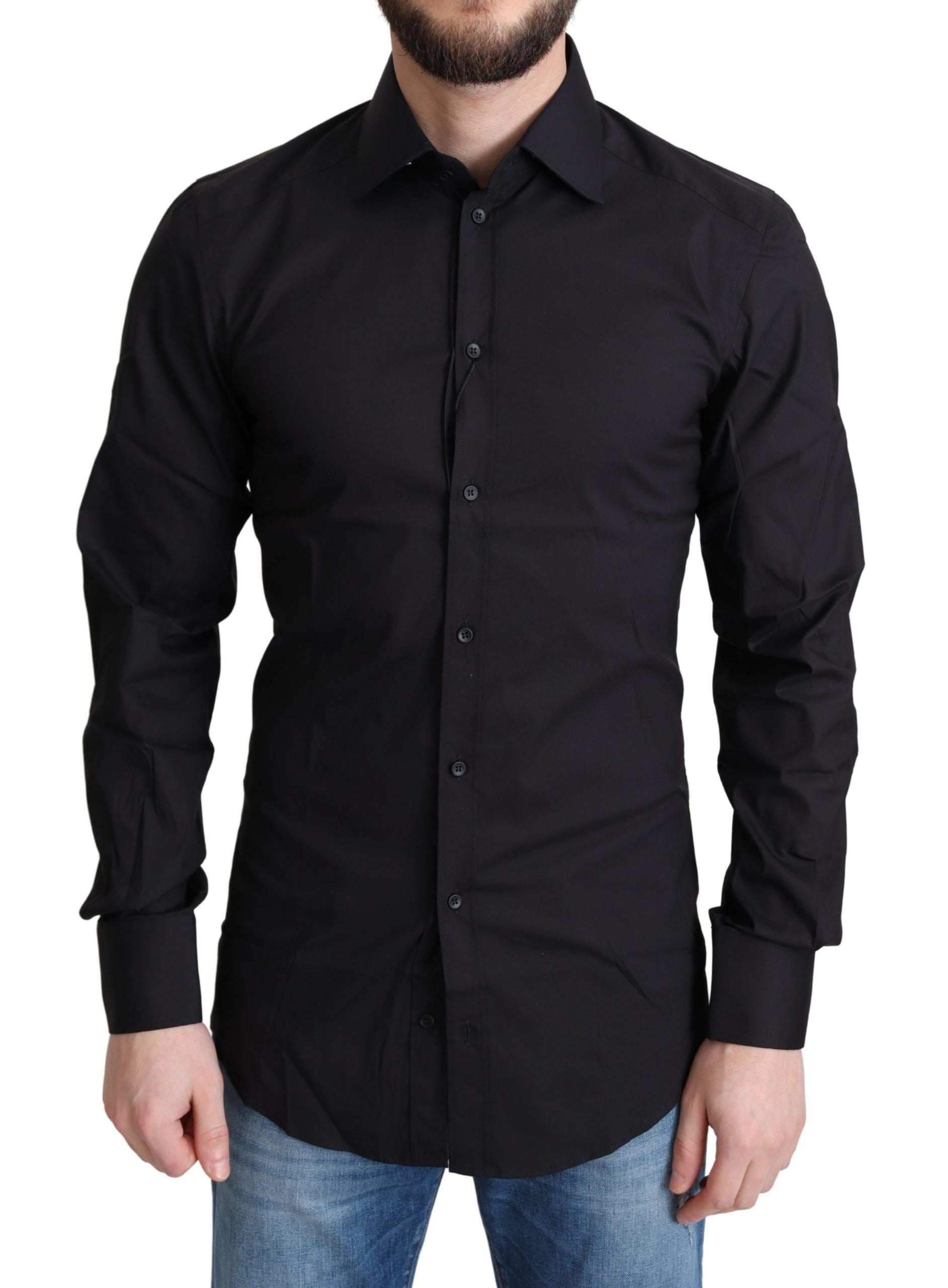 Black cotton blend formal dress shirt by Dolce & Gabbana with classic collar and button front, shown on a hanger.