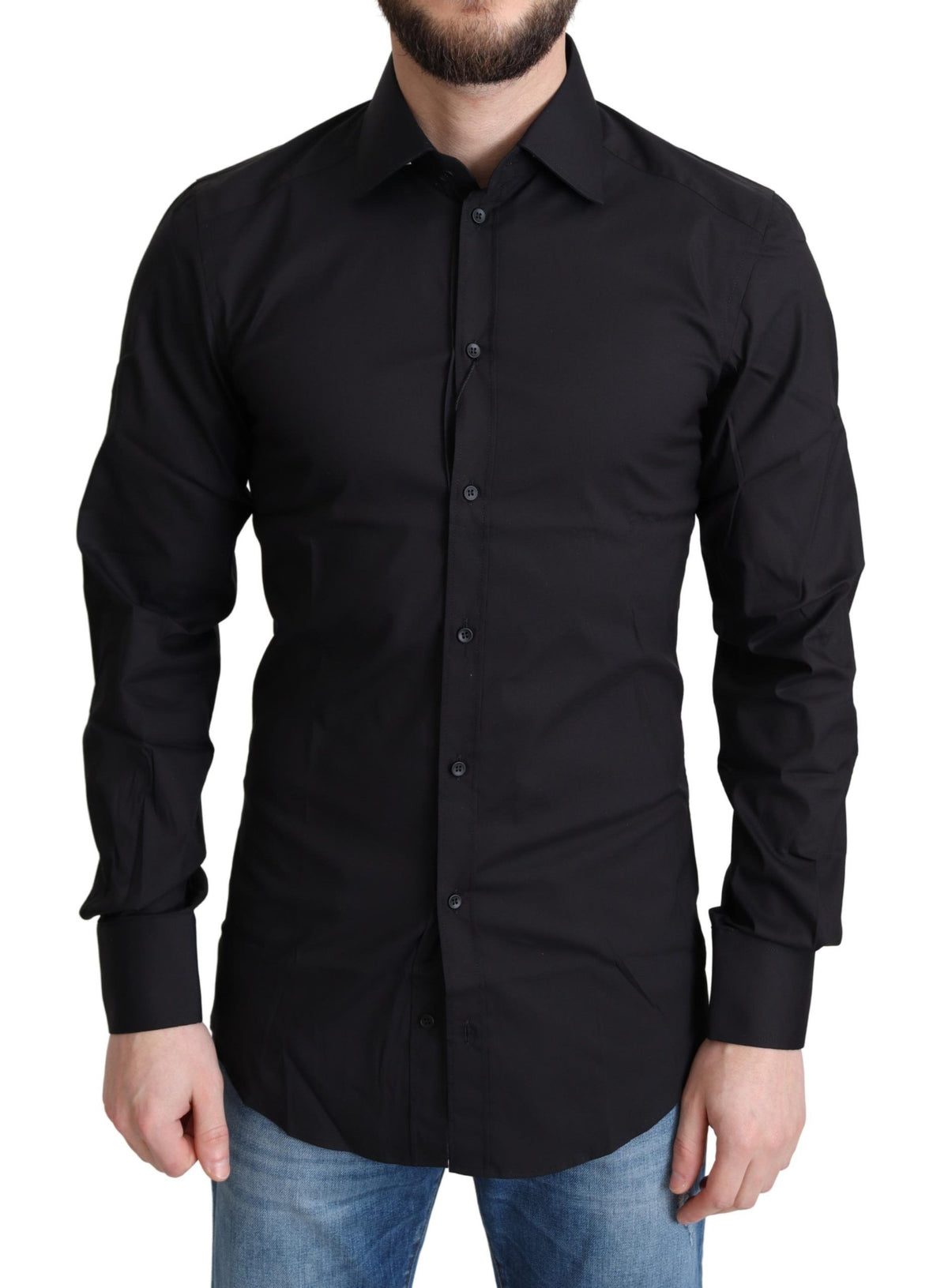 Black cotton blend formal dress shirt by Dolce & Gabbana with classic collar and button front, shown on a hanger.
