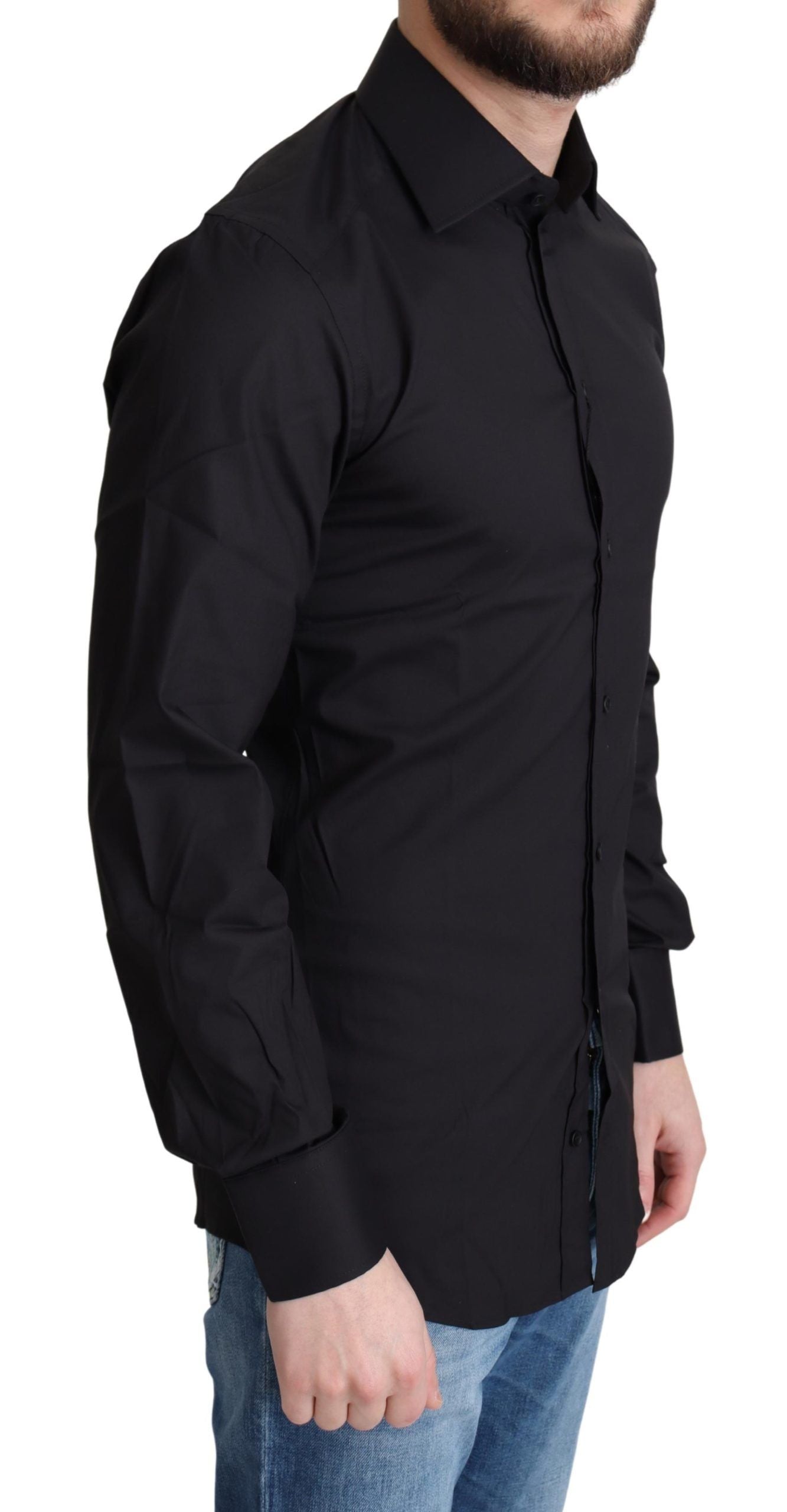 Black cotton blend formal dress shirt by Dolce & Gabbana, featuring a classic collar and button-front design.