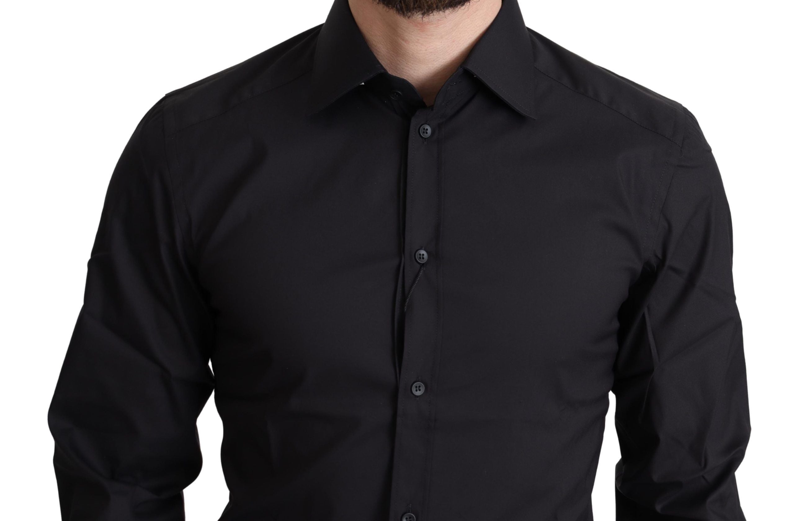 Black cotton blend formal dress shirt by Dolce & Gabbana, shown with button-front and classic collar details.