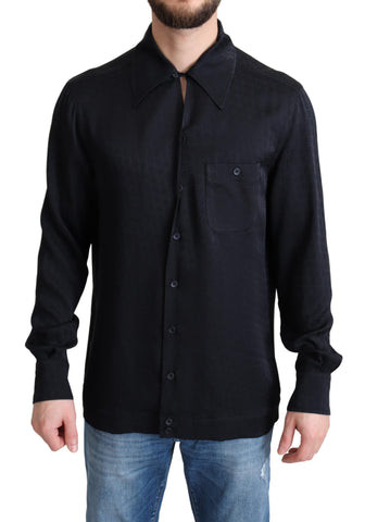Black Jacquard Silk Casual Button Down Shirt by Dolce & Gabbana, featuring a textured pattern and classic collar design.
