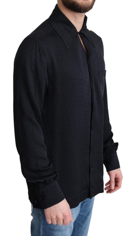 Black jacquard silk casual button-down shirt by Dolce & Gabbana, featuring a stylish patterned design and classic collar.