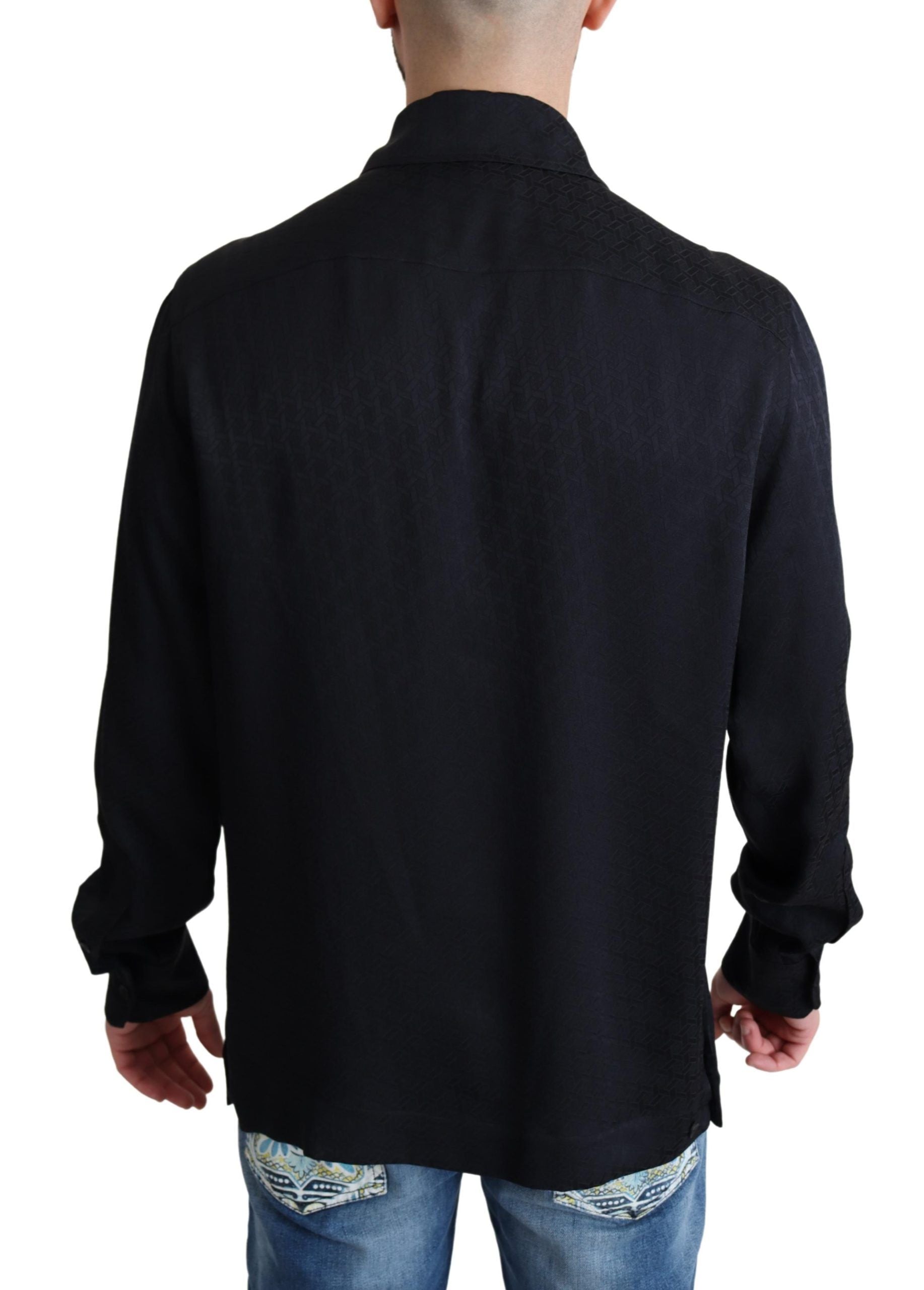 Black Jacquard Silk Casual Button Down Shirt by Dolce & Gabbana, featuring intricate woven pattern and classic collar.