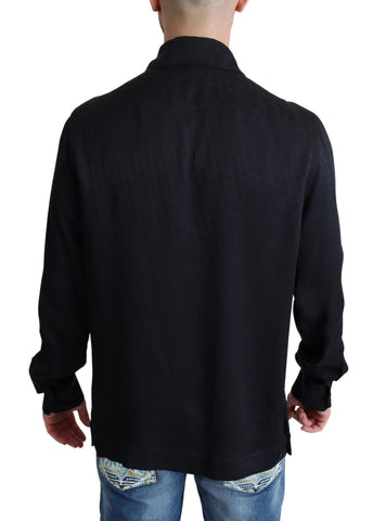 Black Jacquard Silk Casual Button Down Shirt by Dolce & Gabbana, featuring intricate woven pattern and classic collar.