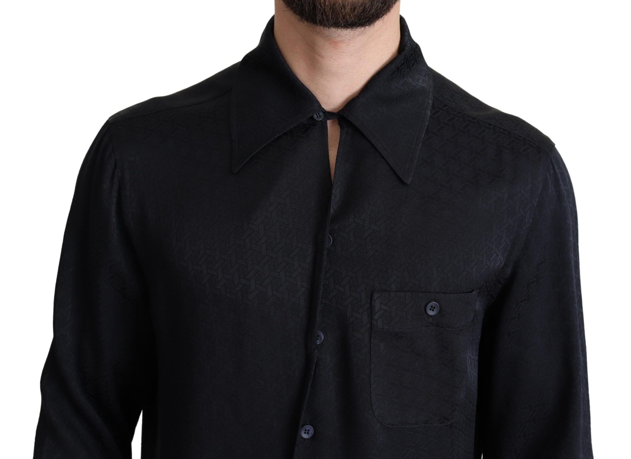 Black jacquard silk casual button-down shirt by Dolce & Gabbana, featuring intricate woven pattern and classic collar.