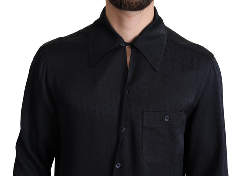 Black jacquard silk casual button-down shirt by Dolce & Gabbana, featuring intricate woven pattern and classic collar.