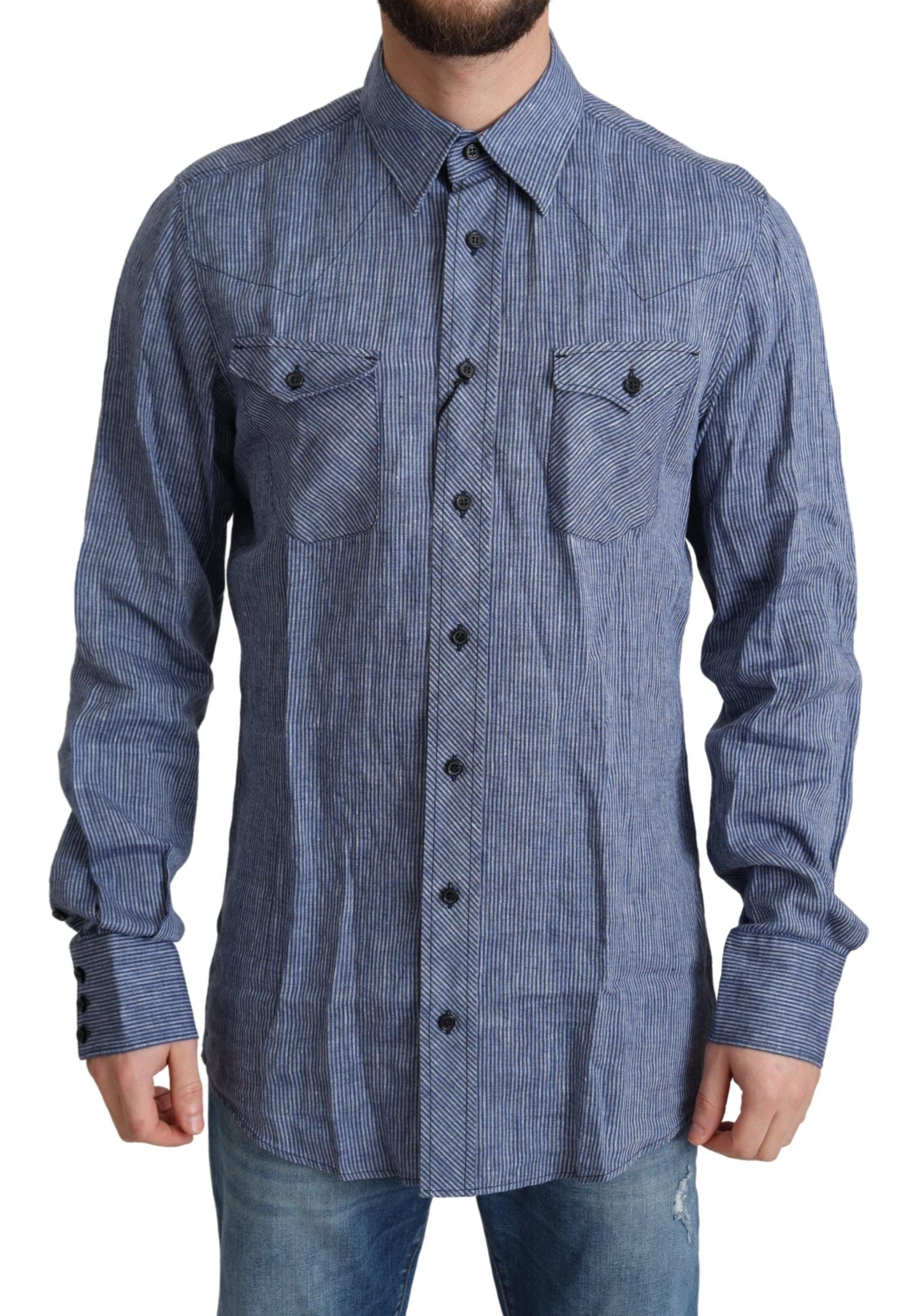 Blue striped men's casual button-down shirt by Dolce & Gabbana, featuring a classic collar and long sleeves.
