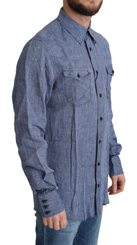 Blue striped men's casual button-down shirt by Dolce & Gabbana, featuring a classic collar and long sleeves.